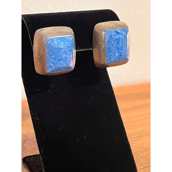 Vintage Mexico 925 Sterling Silver Blue Dyed Agate Stud Earrings 20.86g - Picture 3 of 6
